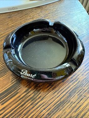 Vintage Pearl Black Glass Ashtray with Logo
